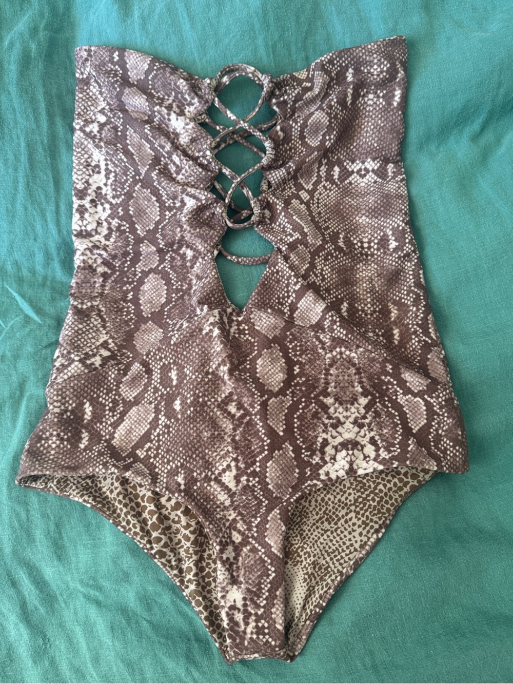 Snake Print Lace-Up One-Piece Swimsuit - Brown